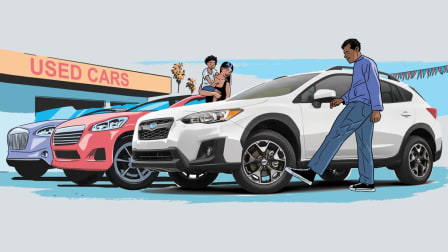 illustration of family next to Subaru with other cars in Used Car lot