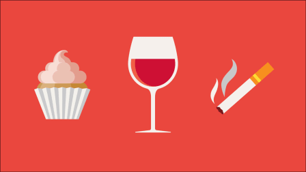 illustration of cupcake, glass of wine, and cigarette