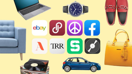 eBay, Poshmark, Craigslist, Facebook Marketplace, AptDeco, The Real Real, Sideline Swap, and Discogs app logos surrounded by laptops, shoes, watch, chair, records, car and purse.