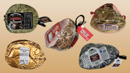 Member’s Mark (Sam’s Club) Boneless Spiral Brown Sugar Glazed Ham, Market Pantry Hickory Smoked Spiral-Cut Bone-In Ham, Kirkland (Costco) Applewood Smoked Spiral Sliced Ham (Bone-In), The HoneyBaked Ham Company Half Ham (Boneless), and Appleton Farms Spiral Cut Double-Glazed Ham (Bone-In)