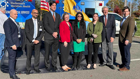 From left: Vito Buccellato, CEO of Hackensack Meridian Health, Dr. Harpreet Pall, Chair of Pediatrics, Hackensack Meridian Children’s Health K. Hovnanian Children’s Hospital, CPSC Chair Alex Hoehn-Saric, Taylor Bethard, Ashley Haugen, Folichia Mitchell, Rep. Frank Pallone, Jr. (D-NJ), William Wallace