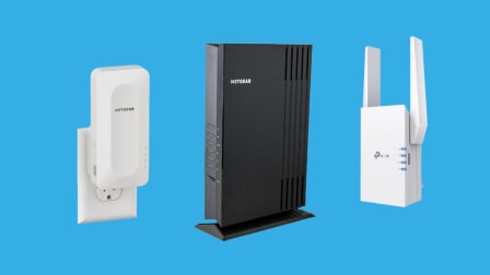 Netgear AX1800 (EAX15), Netgear AX1800 (EAX20) and TP-Link AX3000 WiFi Extenders on a blue background