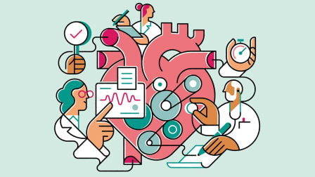 illustration of doctors with clipboards, paperwork, and monitors surrounding heart with gears