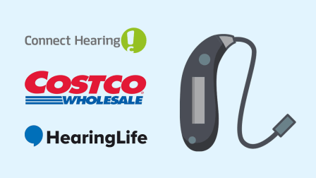 Connect Hearing, Costco Wholesale, and HearingLife logos with illustrated hearing aid next to logos