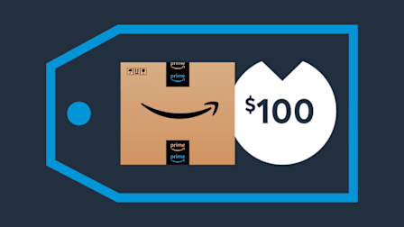 Illustration of Amazon box next to circle with arrow pointing down to represent under $100 concept inside price tag graphic.