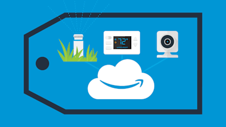 Illustration of an cloud with Amazon logo connected to multiple smart home devices inside price tag graphic.