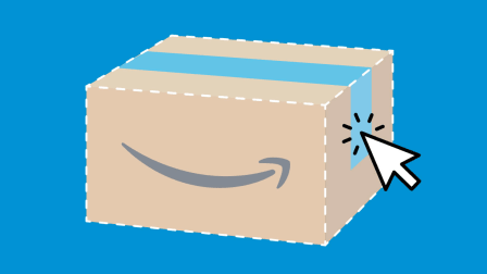 Amazon box ghosted back with a dashed white line and mouse pointer arrow