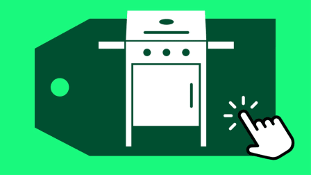 Grill on shopping deals tag with digital hand icon with green background.