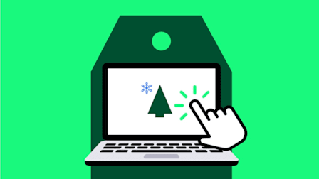 Laptop on shopping deals tag with digital hand icon with green pink background.