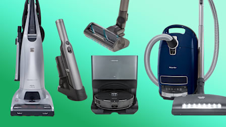 Clockwise from top: Samsung Bespoke Jet AI VS28C9762UK/AA Vacuum Cleaner, Miele Complete C3 Marin, Roborock S8 Pro Ultra, Shark Ion W1 WV201, and Kenmore Elite Pet Friendly 31150