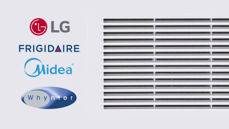 Four AC company logos and closeup of a vent from a window AC unit.