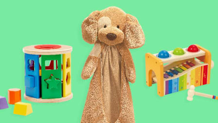 Melissa & Doug Match and Roll Shape Sorter, Gund Baby Spunky the Dog, and Hape Pound and Tap Bench With Slide Out Xylophone
