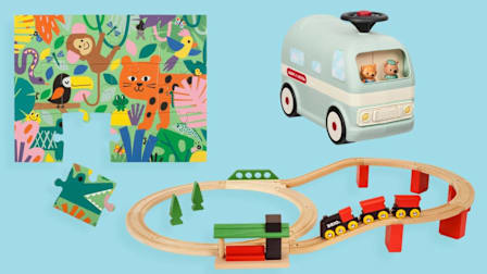 Mudpuppy "Jungle Can You Spot"? Puzzle, Brio Classic Train Set, and Radio Flyer Park and Play Camper