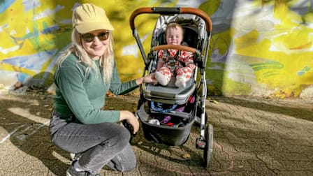 Editor Angela Lashbrook and her son test out the UPPAbaby Vista V3.