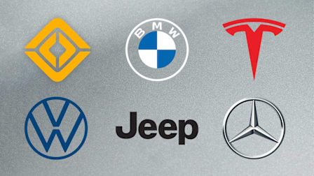 Logos clockwise from center: BMW, Tesla, Mercedes Benz, Jeep, Volkswagon, and Rivan