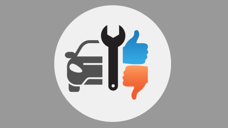 Icons of a car, a wrench, and a thumbs up and down.
