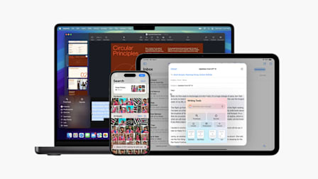 Apple Intelligence features on an iPhone, an iPad, and a MacBook.