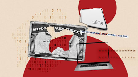 Ripped social security card with laptop, code and keyboard buttons.