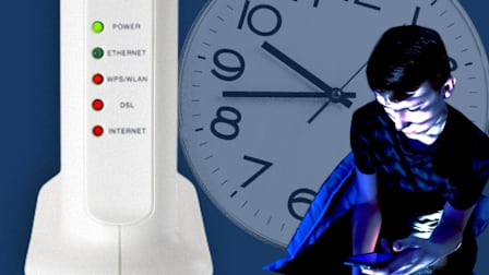 Router, clock and young teen looking at phone in bed