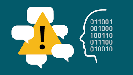 Illustration of chat bubbles surrounding a caution sign with a head containing binary code representing AI.