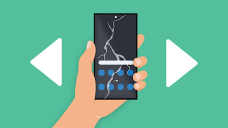 A hand-holding Samsung photo with a cracked screen and two arrows on each side.