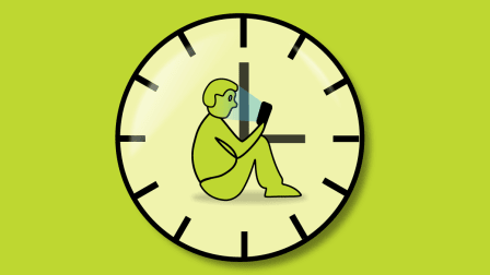 Illustration of a person looking at their phone while sitting on a clock face.