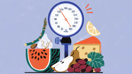 illustration of blood pressure monitor and various fruits, vegetables and cheese