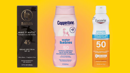 Black Girl Sunscreen Make It Matte Sunscreen Gel for the Face SPF 45, Copperton water babies SPF 50, and Eucerin Advanced Hydration SPF 50