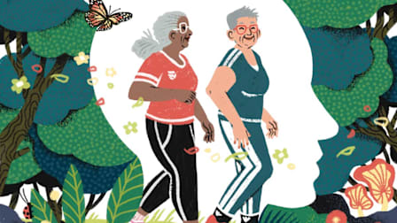 illustration of two people walking with silo of person's head behind them along with trees, mushrooms, butterfly, and lady bug