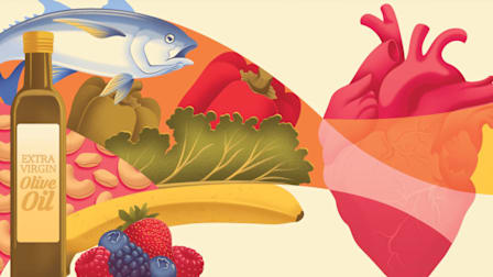 illustrated collage with fish, peppers, kale, cashews, banana, mixed berries, glass bottle of extra virgin olive oil on the left and a heart on the right
