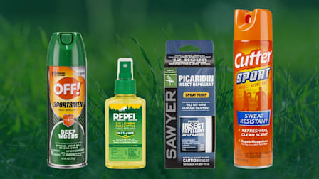 Off Sportsmen Deep Woods Insect Repellent 3 Spray, Repel Lemon Eucalyptus Insect Repellent2 Pump, Sawyer Picaridin Insect Repellent Pump Spray and Cutter Sport Insect Repellent Spray in a row against a grass background