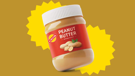illustration of jar of peanut butter with 'no cholesterol' label and yellow bursts behind it