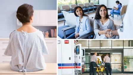 triptych of back of person sitting wearing hospital gown, people in waiting room of urgent care center with someone shaking a person's hand, and an ambulance with 2 people pushing a gurney into an emergency room