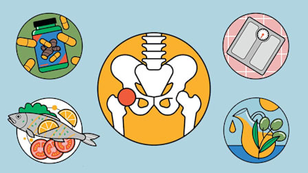 illustrations of skeleton with red circle over hip, bathroom scale, pitcher of olive oil, baked whole fish, and ginger pill bottle