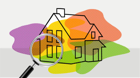 Four blobs of color representing PFAs, Microplastics, Phthalates, and BPAs cover an illustrated house.