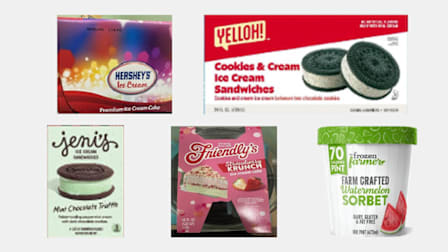 packaging for recalled Hershey's Ice Cream 110 fl oz vanilla and chocolate flavored ice cream cake, The Frozen Farmer 16 fl oz Watermelon Sorbet Pints, Friendly's 40 fl oz Strawberry Krunch Ice Cream Cake, Jeni's 3.5 fl oz Mint Chocolate Truffle Pie Ice Cream Sandwiches, and Yelloh! 4 fl oz Cookies & Cream Ice
Cream Sandwiches