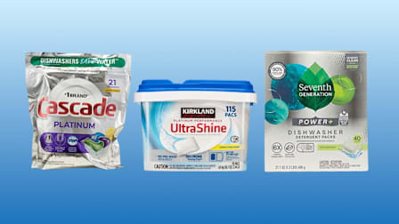 Cascade Platinum ActionPacs with Dawn, Kirkland Signature, and Seventh Generation Power+ dishwasher detergent pods.