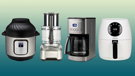 From left: Instant Pot Duo Crisp 11 in 1, 8 Qt. with Air Fryer 140-0021-01 Multi-Cooker, Breville the Sous Chef Pro 16 BFP800XL, Cuisinart PerfecTemp 14 Cup Programmable DCC-3200 Coffee Maker, Crux 17796 Air Fryer