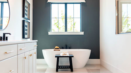 A bathroom with a deep colored painted accent wall