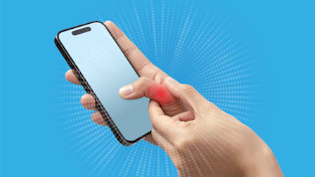A person holding a smartphone with both hands, pressing their thumb against the screen, with a red glow around the thumb joint, against a blue background with radiating light patterns.