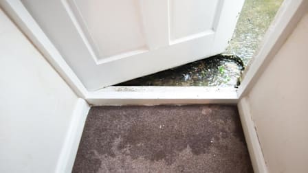 Flooding outside door to a house with water coming inside to carpeting
