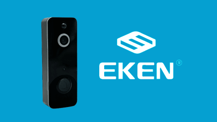 An Eken video doorbell and the Eken logo