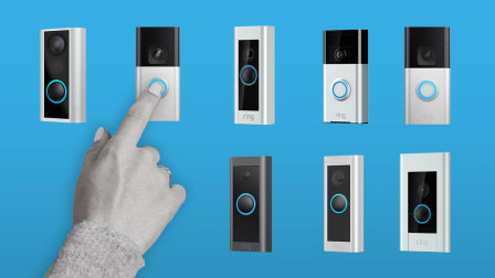 Eight varieties of Ring doorbells with a hand reaching in to press one of the doorbell buttons.