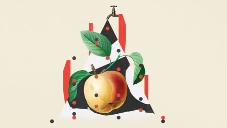 illustration of peach with faucet pouring red, black, and white liquid behind it