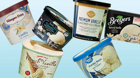 Vanilla ice creams from Haagen-Dazs, Trader Joe's, Specialty Selected, Wellsley Farms, Great Value and Breyers
