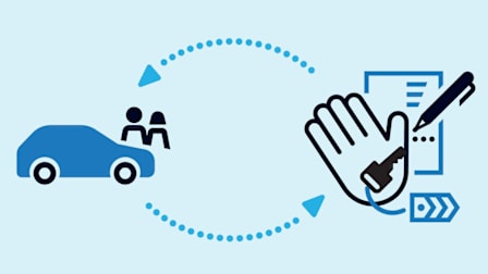 illustration of car with two people standing next to it on one side and paper, pen, car keys, and hand on the other with arrows going between the two