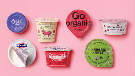 Oui by Yoplait Whole Milk French Style Yogurt Fruit on the Bottom Strawberry, Bellwether Farms A2 Organic Whole Cow Milk Yogurt Strawberry, Forager Project Dairy Free Cashewmilk Yogurt Organic Strawberry, Norr Organic Non-Fat Probiotic Skyr Yogurt Strawberry & Rhubarb, Fage BestSelf Lactose Free Reduced Fat Greek Yogurt Split Cup Strawberry, Icelandic Provisions Thick & Creamy Oatmilk Skyr Yogurt Strawberry, Harmless Harvest Organic Cultured Coconut Strawberry