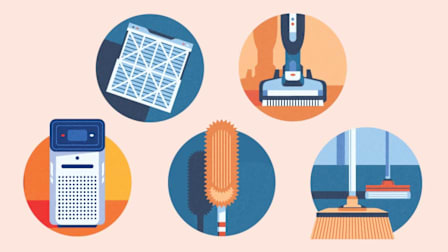 five illustrated icons representing air filter, air purifier, duster, vacuum, and mop/broom