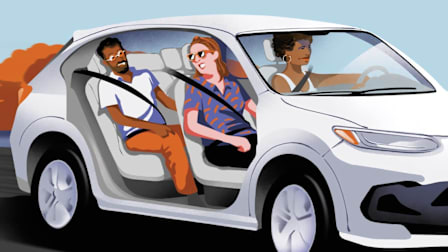 illustration of white car with three people where one can see into the car to see seats and legroom
