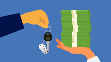 Illustration of a hand holding an old car key and trading it for a handful of cash